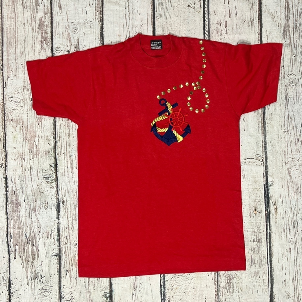 Vintage Sailing Anchor Nautical Red Sea Ocean Crewneck 1990s Tshirt